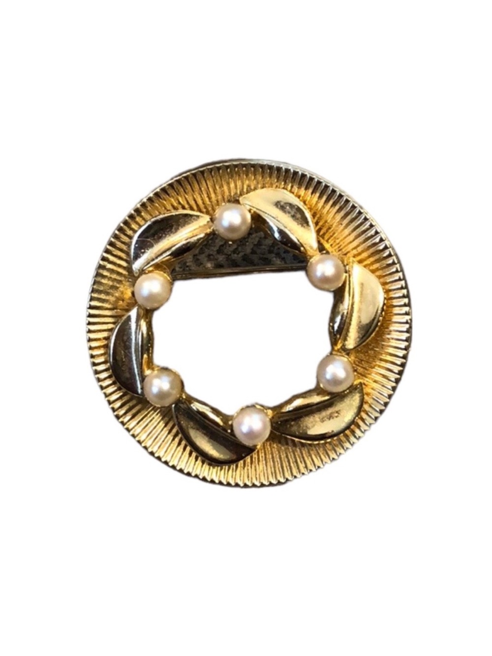 Gold-Tone Circle Vintage Brooch Pin with Faux Mini Pearls Approx. 1”